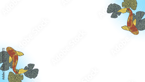 Flat mosaic koi fish are swimming in water ripples with green lily pads on transparent background