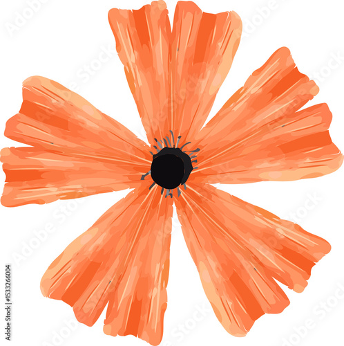 Fototapeta Naklejka Na Ścianę i Meble -  Flat vector orange poppy-like bloom is floating on transparent backdrop showing six textured petals
