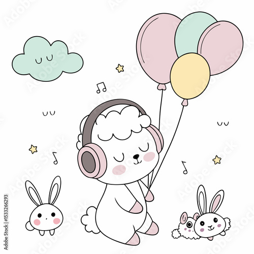 Bashful Lamb wearing headphones, set in a charming Soft pastel theme – Soft Pastel color vector art
