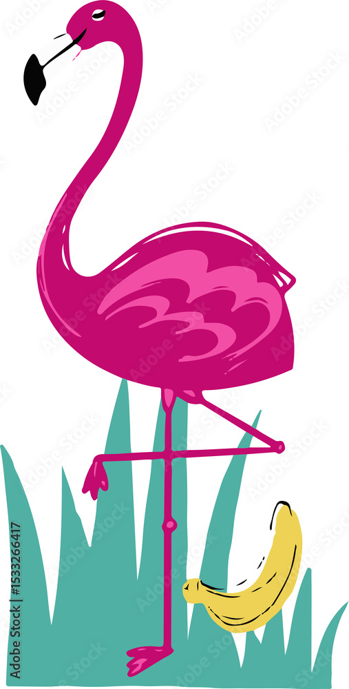 Obraz premium Cartoon-style pink flamingo is balancing on one leg with banana and grass, transparent background