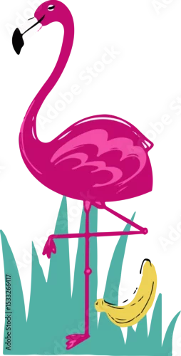 Fototapeta Cartoon-style pink flamingo is balancing on one leg with banana and grass, transparent background