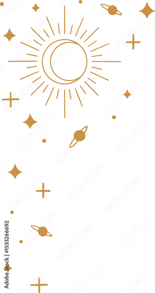 Naklejka premium Celestial motif is being shown on transparent canvas with gold line disc, planet rings, stars, dots