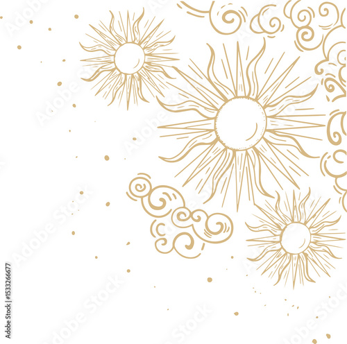 Abstract decorative suns and swirls are floating off-center with sparkles on transparent background