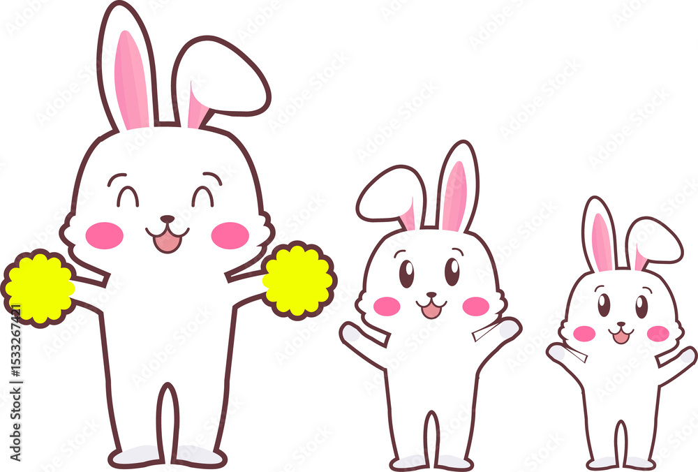 Fototapeta premium Three cartoon rabbits celebrating on transparent backdrop, big bunny holding yellow pom-poms