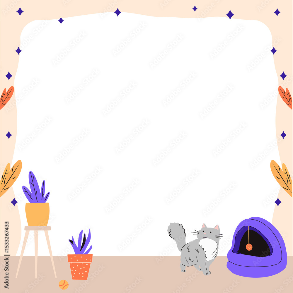 Obraz premium Flat design is featuring grey cat by plants, teal panel on transparent background, copy space