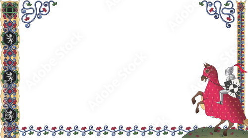 Stylized medieval knight on horseback is riding in transparent vector illuminated border with vines