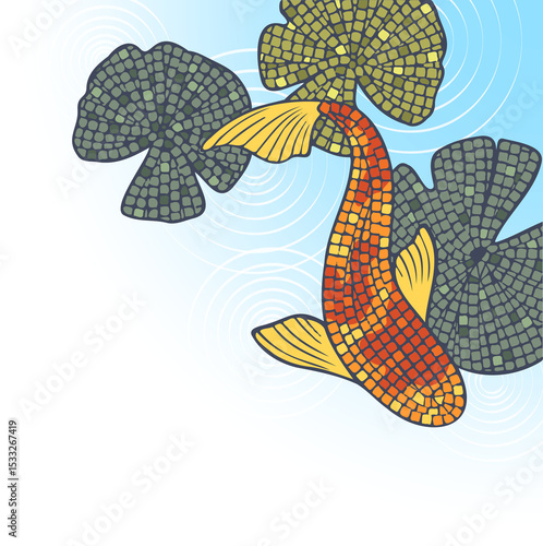 Mosaic-style koi fish is swimming among lily pads on water with ripples and transparent background