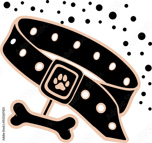 Fototapeta Naklejka Na Ścianę i Meble -  Stylized black dog collar showing paw-print buckle, dangling bone charm and spots on clear backdrop