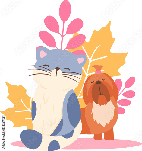 Fototapeta Naklejka Na Ścianę i Meble -  Cartoon cat with dog are sitting on pink oval mat among golden leaves on transparent background