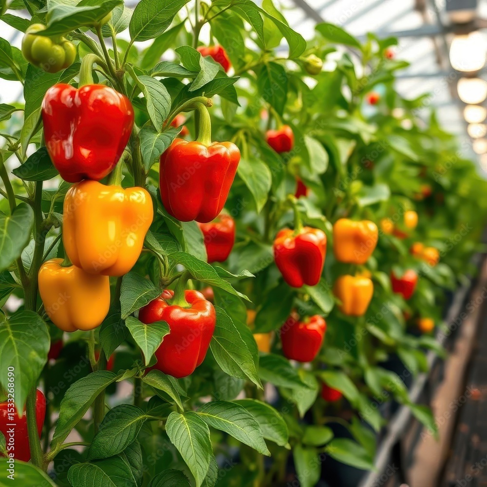 Lush bell pepper plants thriving under greenhouse lights, crop, organic Lush bell pepper plants thriving under greenhouse lights, crop, organic