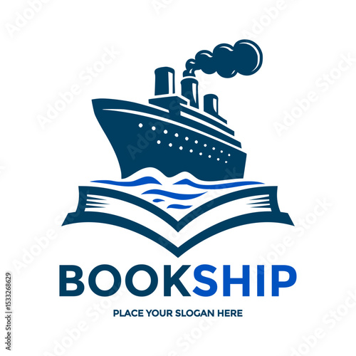 Book Ship logo, ideal for maritime education, shipping companies, or travel agencies. Combines a book with a ship, symbolizing knowledge and global transport. Clean vector.
