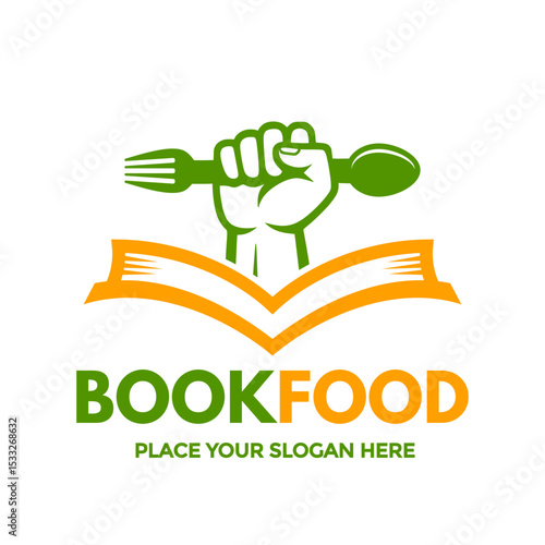 Book Food logo, ideal for cookbooks, culinary schools, or food blogs. Combines a book with a fork and spoon, symbolizing food knowledge. Clean vector design.