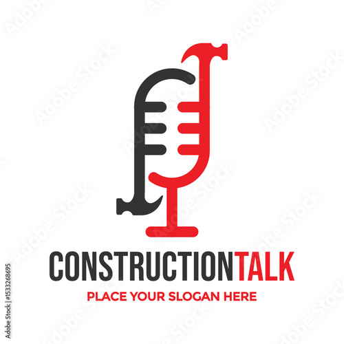 Construction Talk logo, ideal for podcasts, media channels, or businesses in the construction industry. Combines a microphone and hammer. Clean vector design.