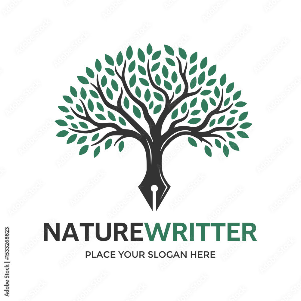 Obraz premium Artistic logo combining a lush tree with a fountain pen nib, symbolizing creative writing and environmental literature. Ideal for authors, publishers, or eco-conscious content creators. 