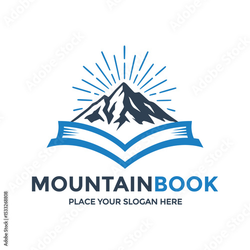 Evocative logo combining a mountain with an open book and sun rays, symbolizing knowledge, adventure, and exploration. Ideal for publishing, travel guides, or educational platforms focused on nature.