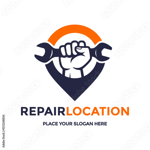 Dynamic logo combines a wrench-holding hand with a map pin, symbolizing convenient repair services and easy-to-find locations. Ideal for automotive shops, home repair, or mobile technical assistance. 