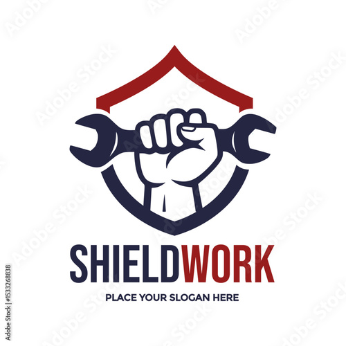 Powerful logo featuring a fist gripping a wrench within a shield, symbolizing strength, protection, and expert workmanship. Ideal for repair services, automotive shops, construction, or security firms