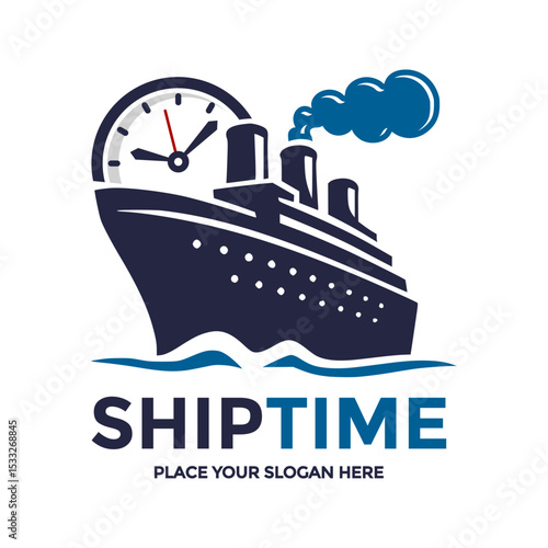 Dynamic logo featuring a cruise ship with a clock, symbolizing timely maritime travel and punctual voyages. Ideal for shipping companies, cruise lines, or logistics services. Represents efficiency, re