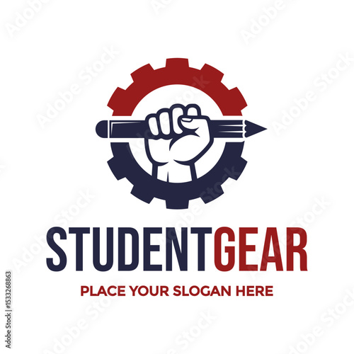 Dynamic logo combines a student's fist holding a pencil within a gear, symbolizing technical education and mechanical skills. Ideal for engineering schools or vocational training. Represents learning.
