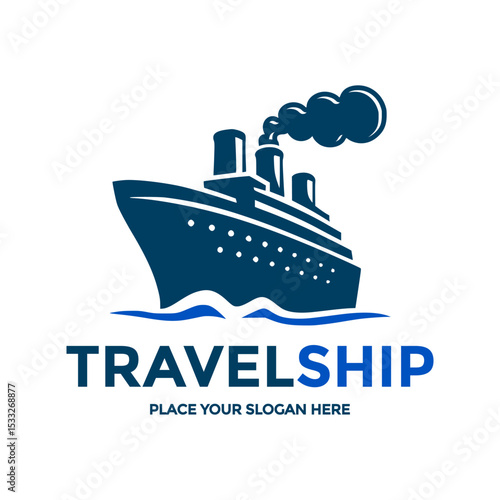 Dynamic logo featuring a classic cruise ship sailing on waves, ideal for travel agencies, cruise lines, or maritime businesses. Evokes feelings of adventure, global exploration, and luxurious voyages.