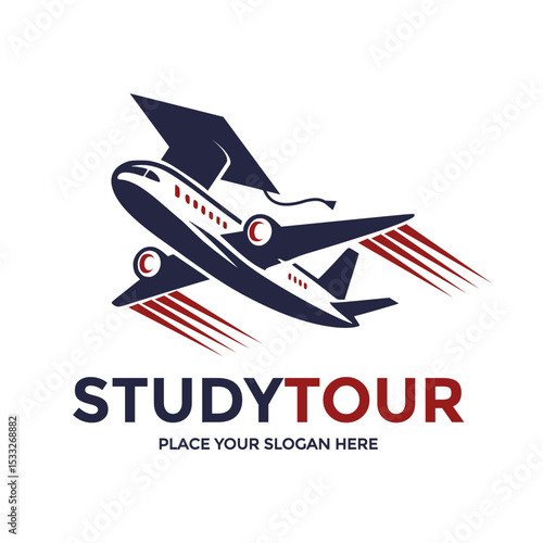 Dynamic logo combines an airplane with a graduation cap, symbolizing educational travel. Ideal for study abroad programs, student tours, or international learning initiatives. Represents a journey of 