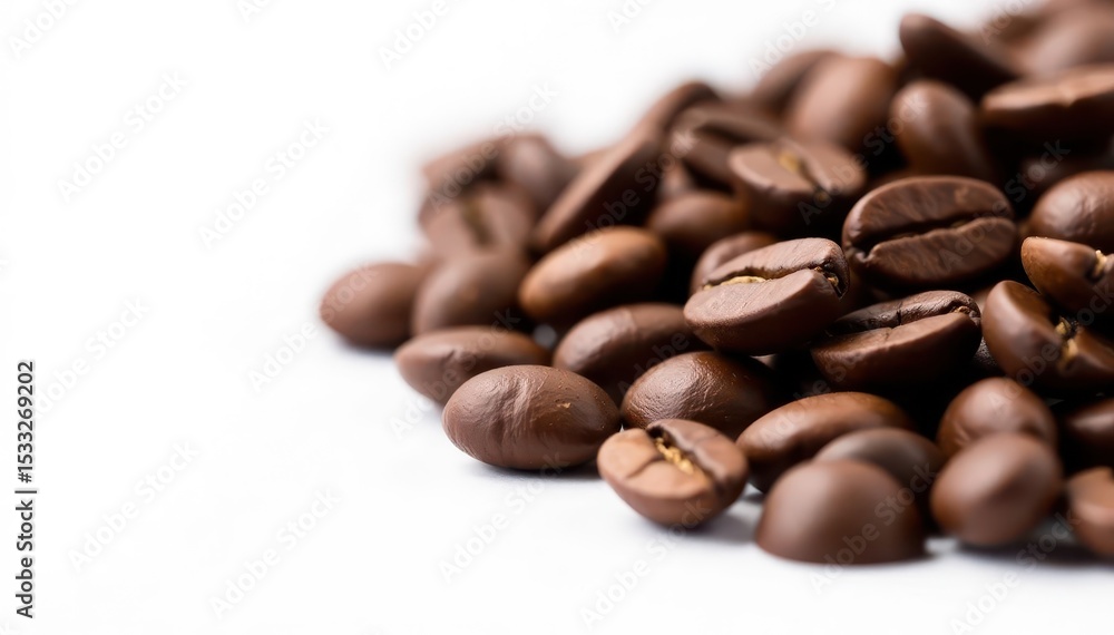 Naklejka premium Close-up of dark roasted coffee beans on white background, rich, roasted, organic