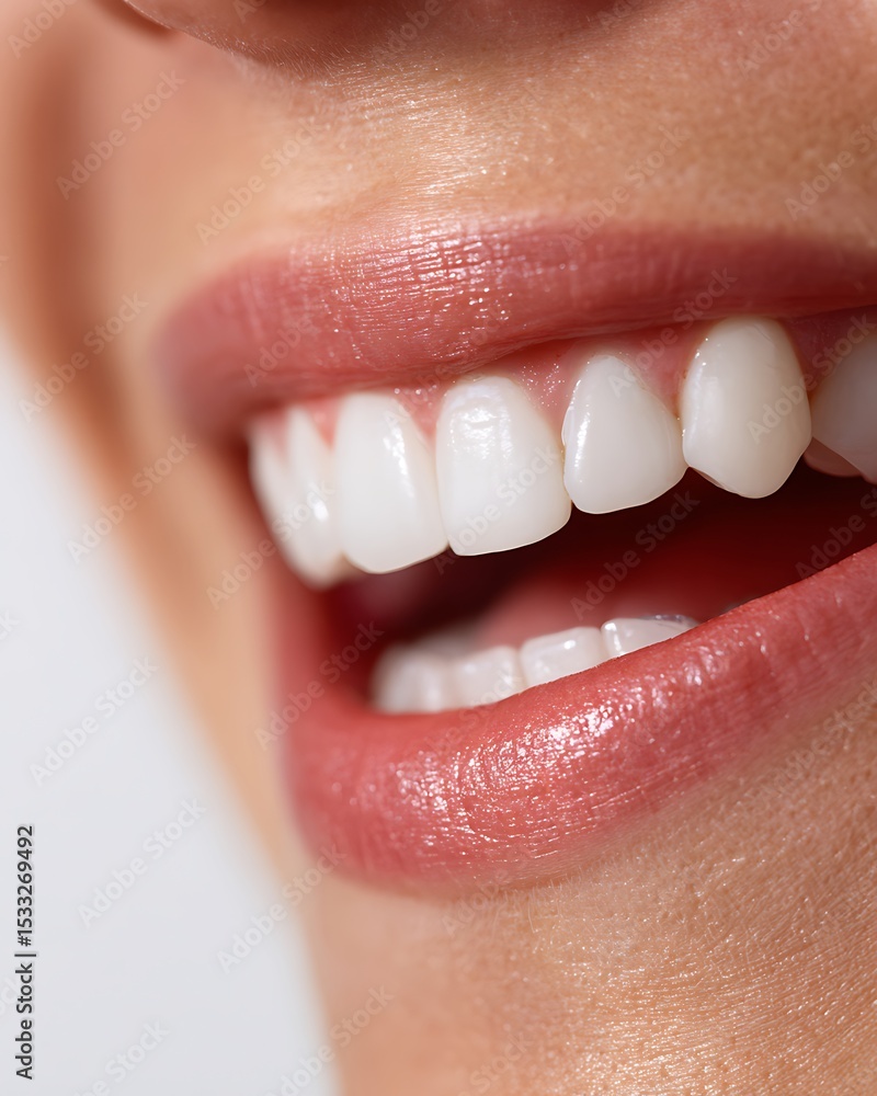 Obraz premium Close-up of a smiling woman showing perfectly white, clean teeth.