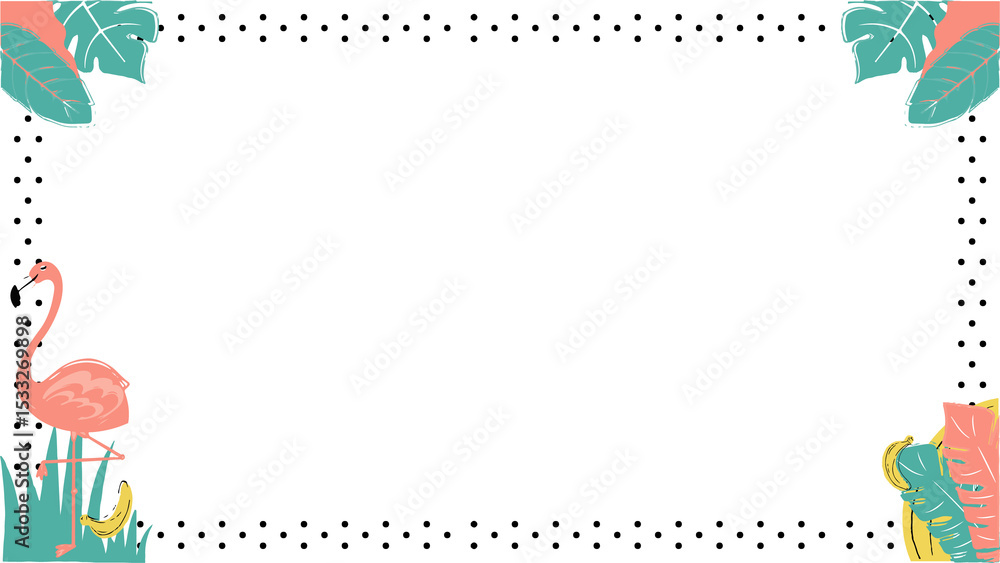 Obraz premium Showing teal coral leaves flamingo bananas in dotted border on transparent background, copy space