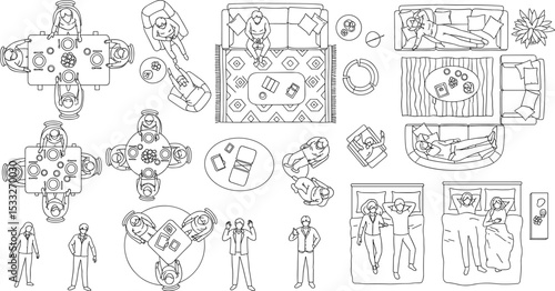 Architectural Drawings, people plan vector in park out door illustration, top view, Minimal style hand drawn, set elements for architecture and landscape design. Sections, Elevations, Floor Plans.