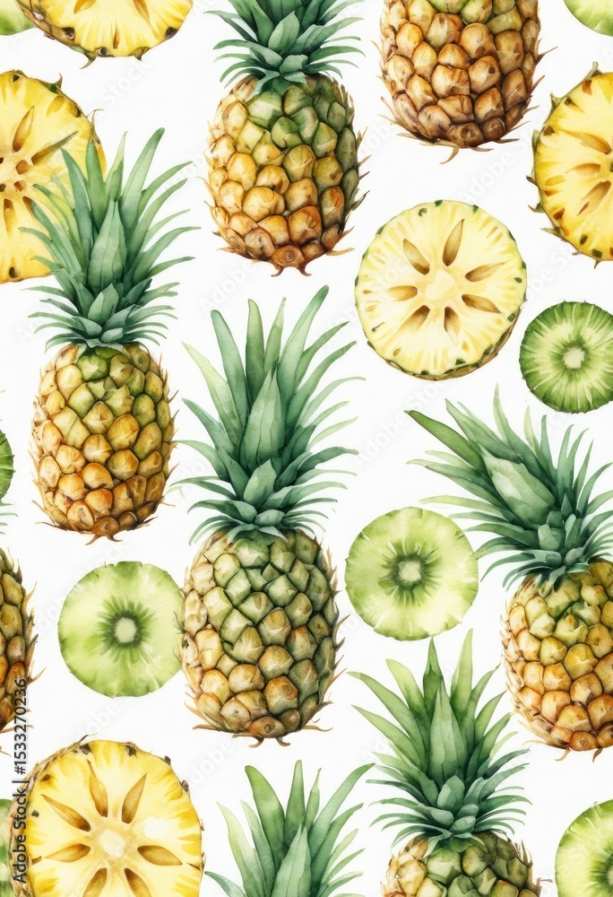 Vibrant Watercolor Pineapple and Kiwi Pattern Tropical Fruit Seamless Design Vibrant Watercolor Pineapple and Kiwi Pattern Tropical Fruit Seamless Design