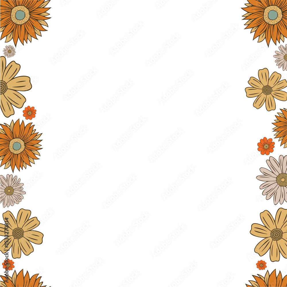 Naklejka premium Hand-drawn stylized daisy and sunflower blooms are decorating transparent border strips, copy space