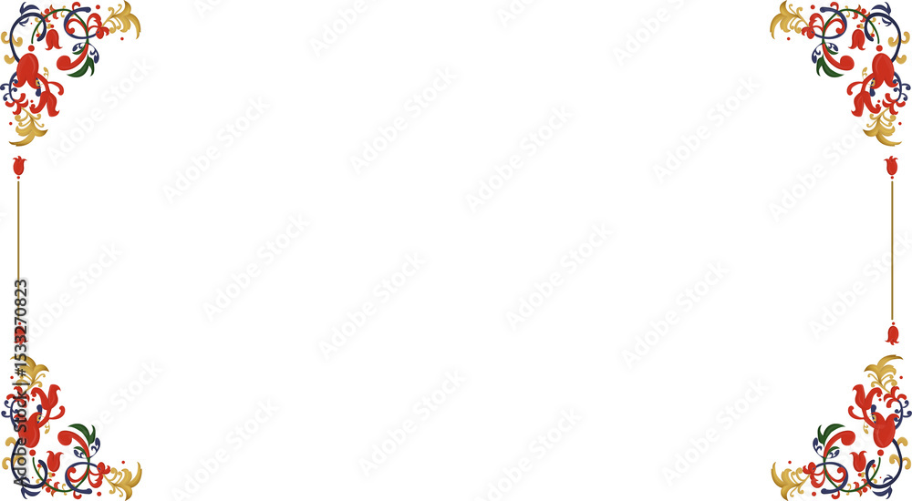 Ornate floral border flat design showing gold lines scroll leaves on clear background, copy space Ornate floral border flat design showing gold lines scroll leaves on clear background, copy space