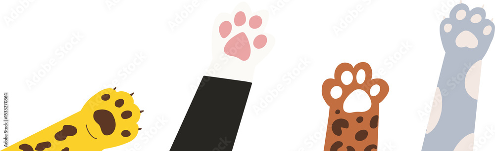 Obraz premium Five cartoon cat paws are rising in flat design with colorful patterns on transparent backdrop