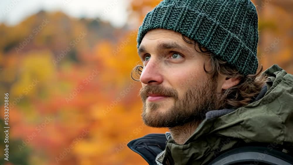 One person, a man with a backpack and beanie in autumn landscape, hiking, travel, and lifestyle, with fall colors. One person, a man with a backpack and beanie in autumn landscape, hiking, travel, and lifestyle, with fall colors.