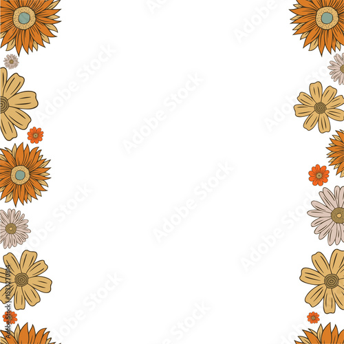Fototapeta Naklejka Na Ścianę i Meble -  Hand-drawn stylized daisy and sunflower blooms are decorating transparent border strips, copy space