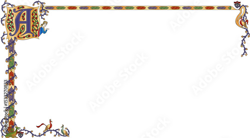 Medieval illuminated border design is featuring gold leaf initial, vines, animal motifs, copy space