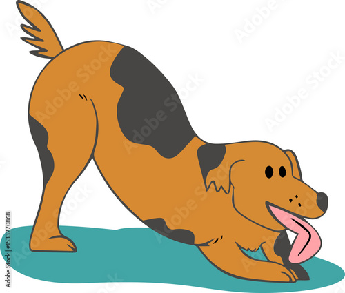 Fototapeta Naklejka Na Ścianę i Meble -  Medium-breed cartoon dog bowing playfully on teal ground in flat design, transparent background