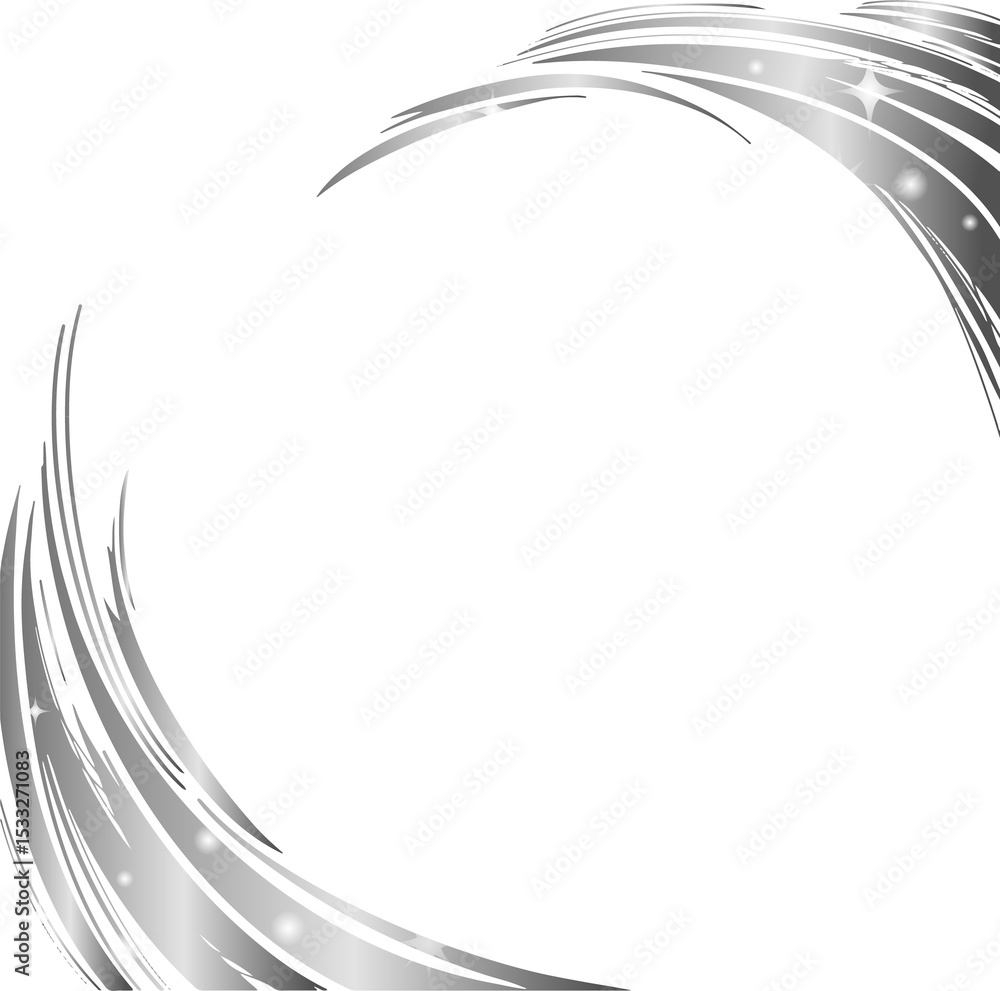 Naklejka premium Silver brushstroke arcs are swirling with stars and sparkles in flat design, transparent background
