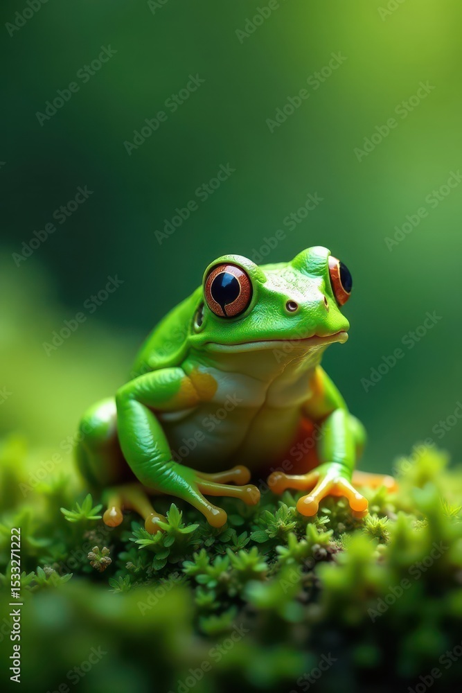Camouflaged green frog on vibrant green foliage, plant, photography Camouflaged green frog on vibrant green foliage, plant, photography