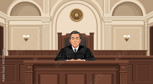 Male Judge Seated in Courtroom Illustration