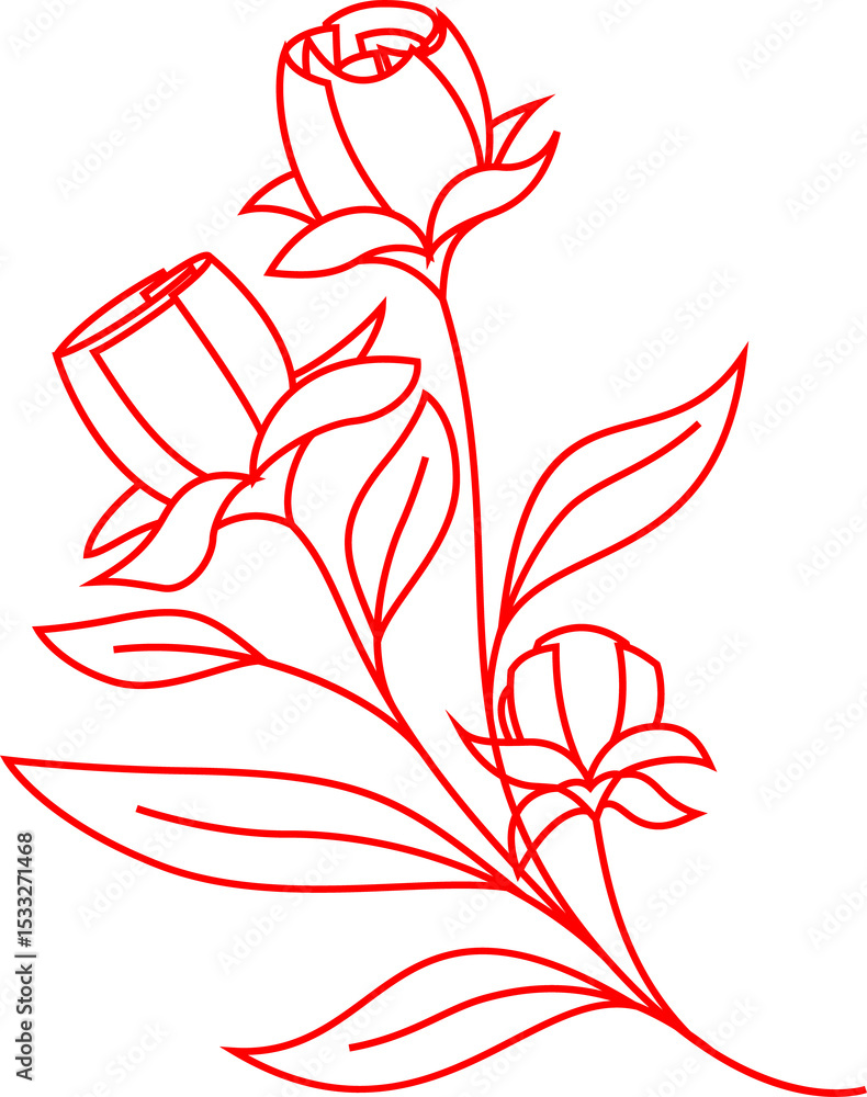 Obraz premium Flat red line art is showing three rosebuds on curving stem with leaves, transparent background