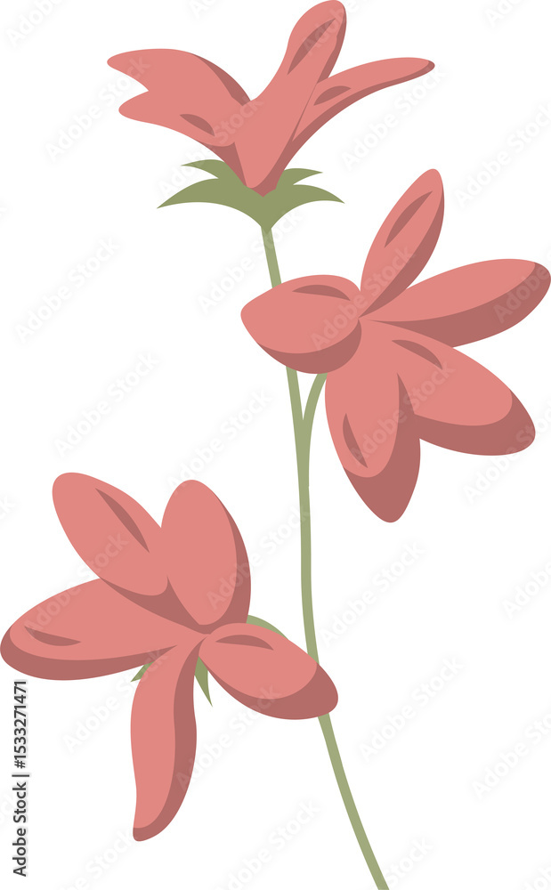 Obraz premium Three coral-pink flowers on branching stem are being shown in flat design, transparent background