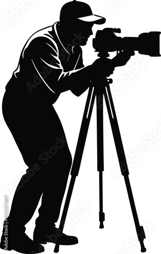 Silhouette of Man with Camera on Tripod, Photographer Capturing a Shot Vector Illustration