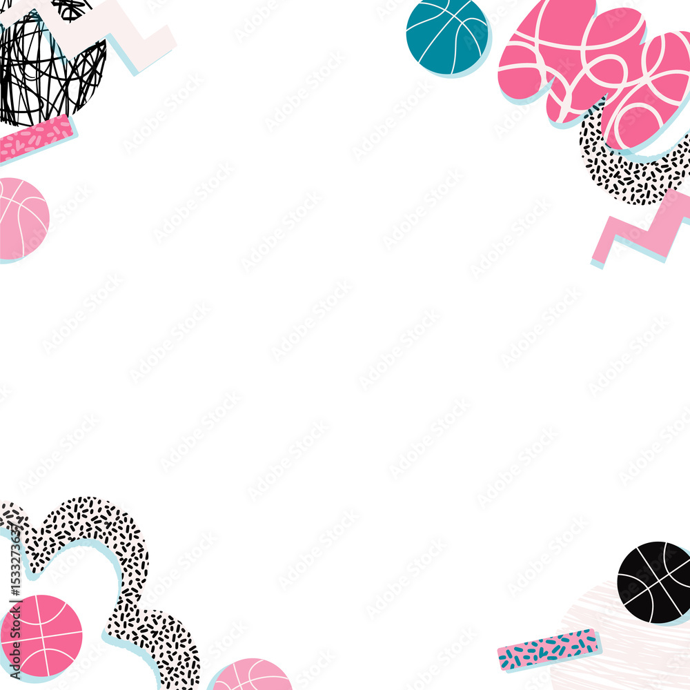 Fototapeta premium Decorative border is framing transparent space with basketball and Memphis-style shapes, copy space