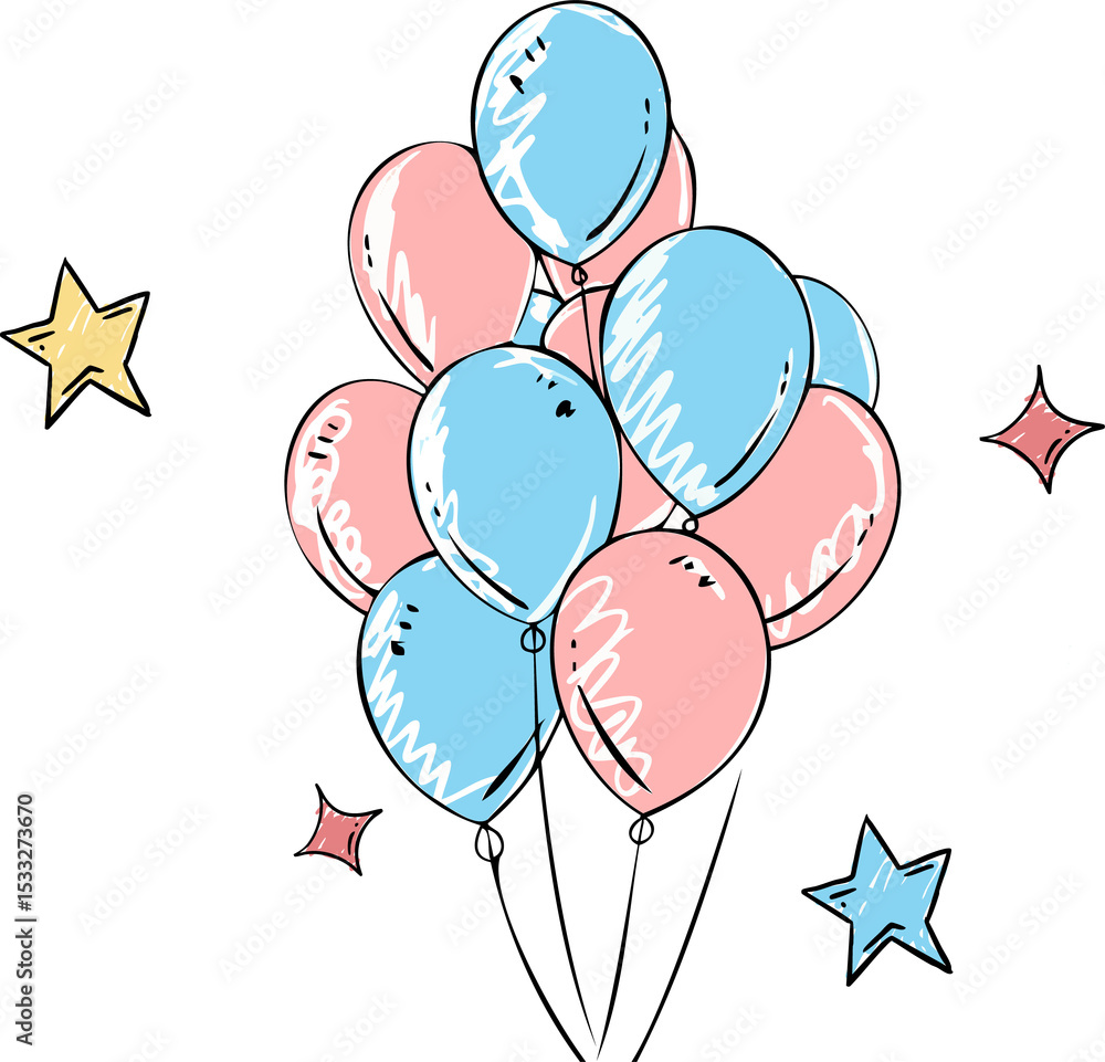 Fototapeta premium hand-drawn art is showing pastel pink-blue balloons, black strings and stars on transparent bg