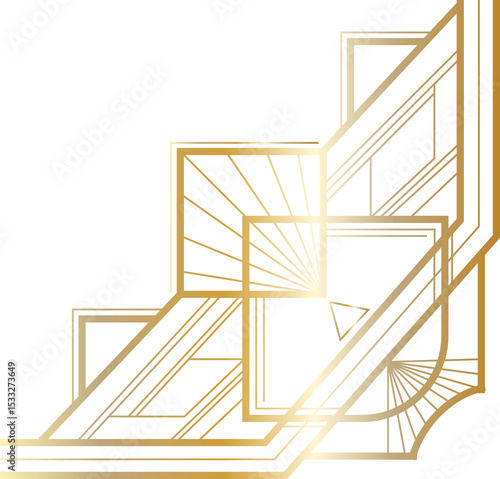 Art deco corner is showing metallic gold lines, squares and fanburst over transparent background