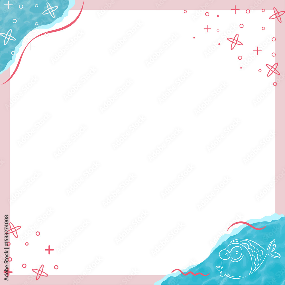 Naklejka premium Flat design frame showing pink border, blue strokes, white doodles, fish on clear layer, copy space