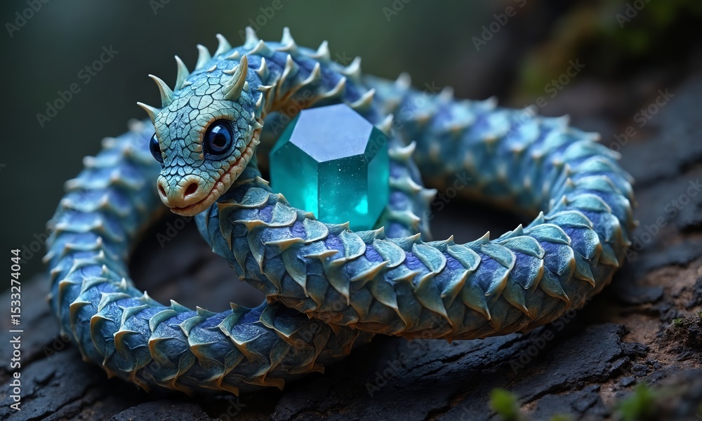 Fototapeta premium A fantasy creature’s shed skin, shimmering with iridescent scales, coiled around a hexagonal crystal.