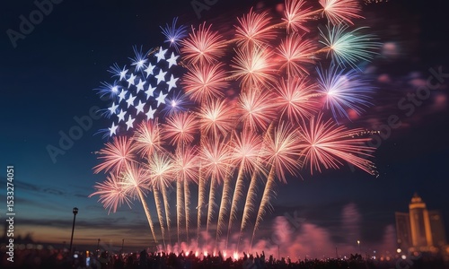 Spectacular fireworks display at night red white blue bursts