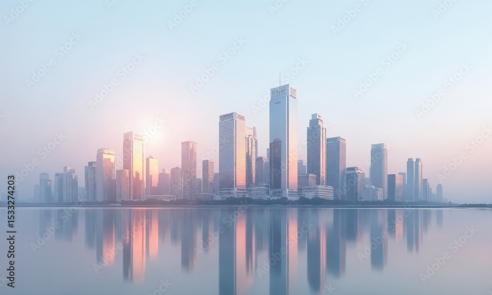 Naklejka premium A minimalist mirrored cityscape at dawn, where glass towers reflect soft pastel hues and serene water below.